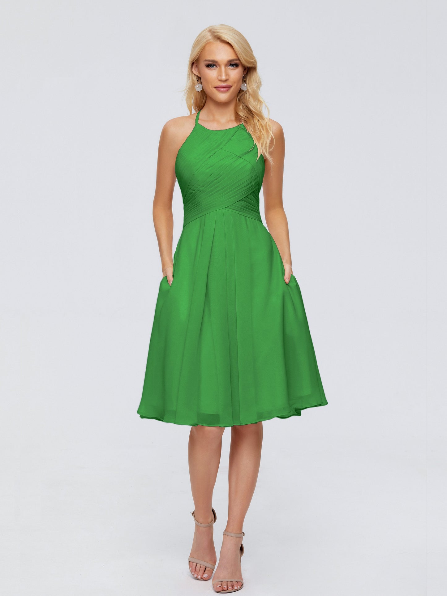 Molly Halter Knee Length Chiffon Bridesmaid Dresses With Pockets