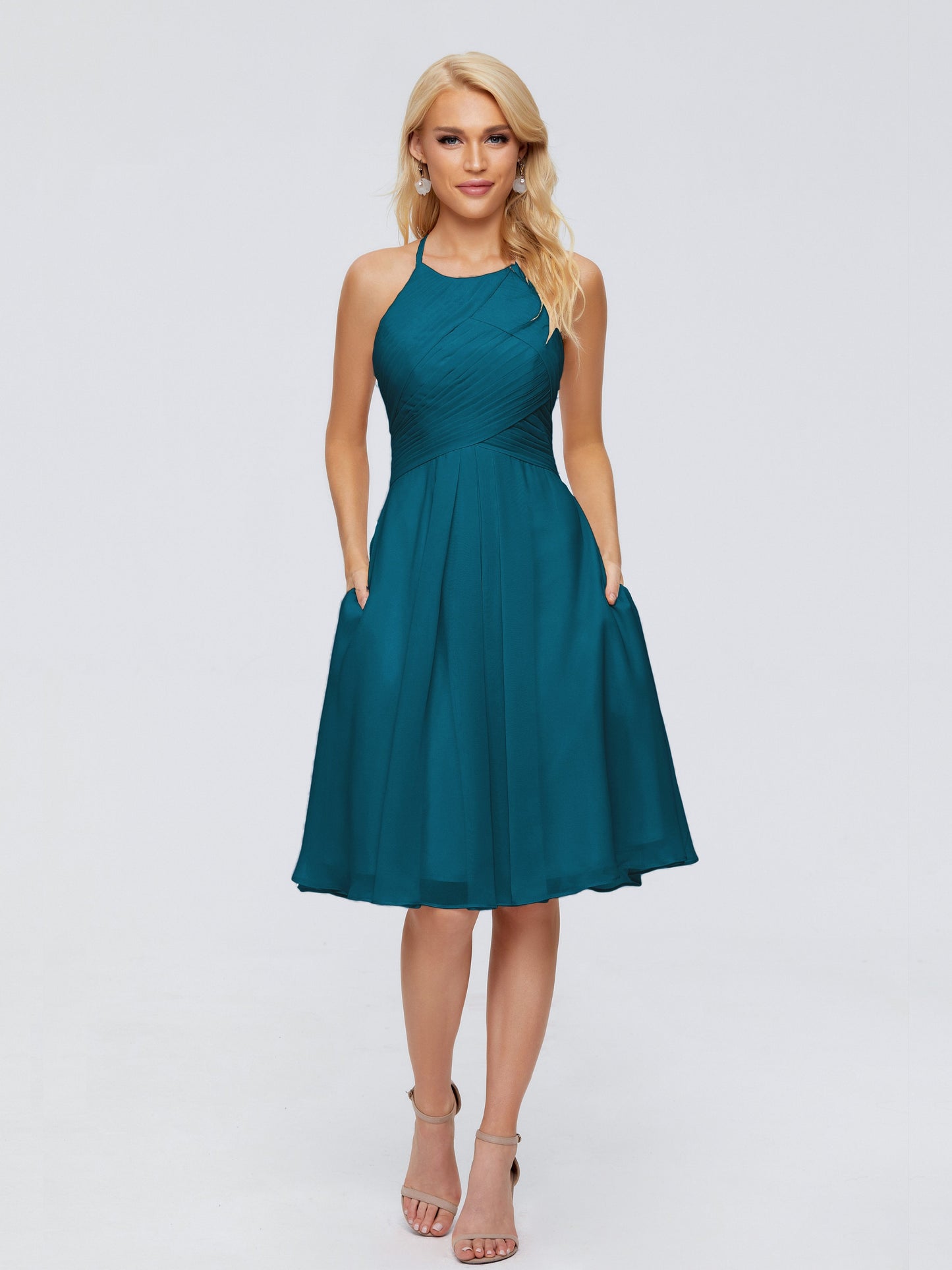 Molly Halter Knee Length Chiffon Bridesmaid Dresses With Pockets