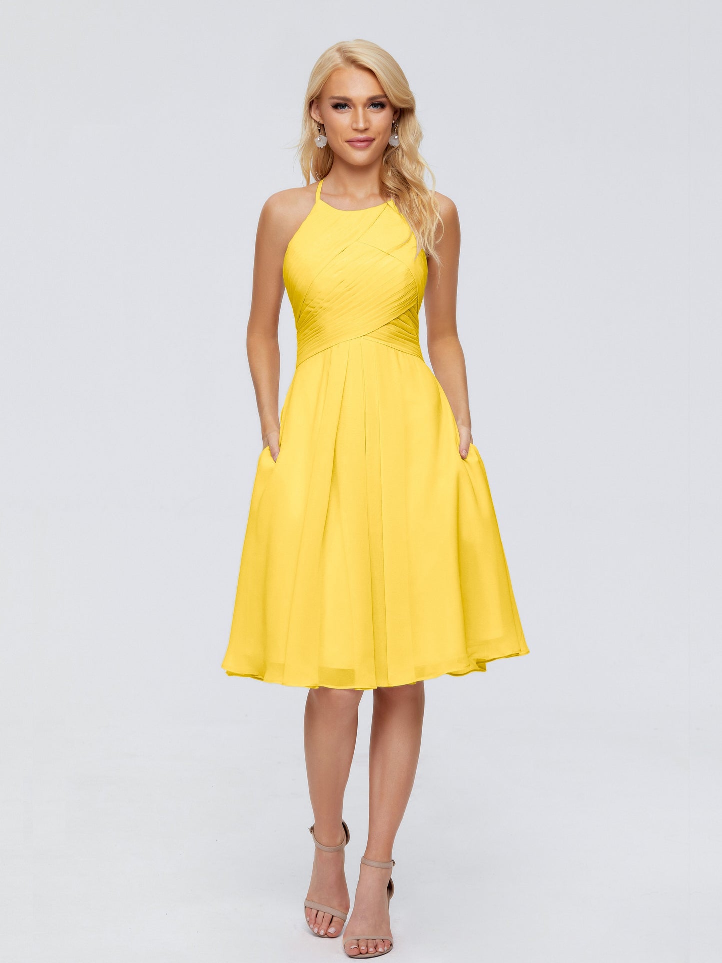 Molly Halter Knee Length Chiffon Bridesmaid Dresses With Pockets