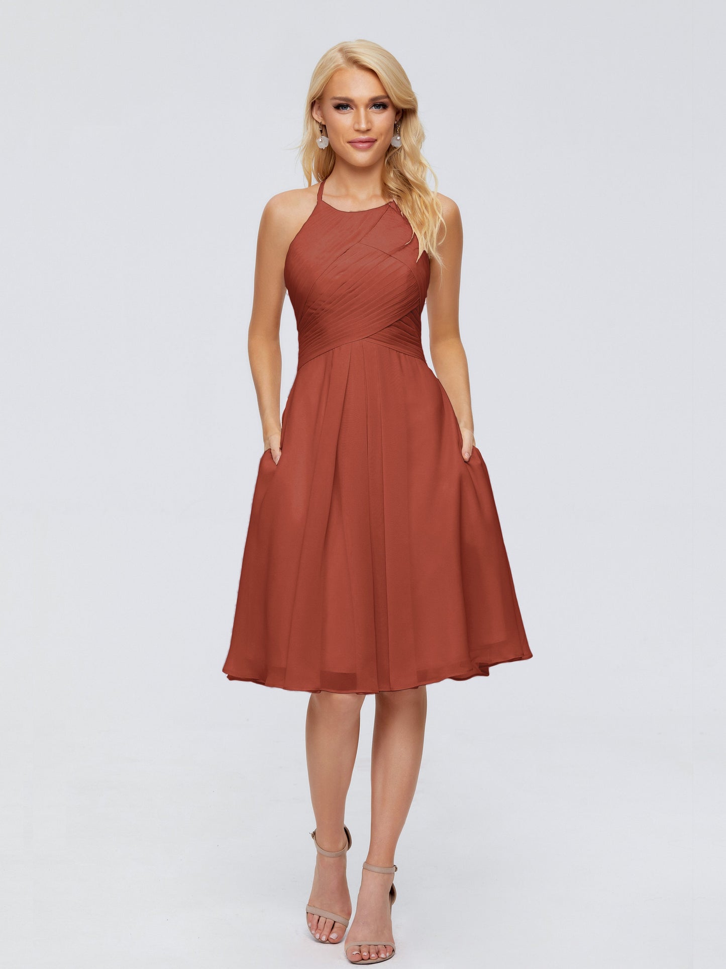 Molly Halter Knee Length Chiffon Bridesmaid Dresses With Pockets