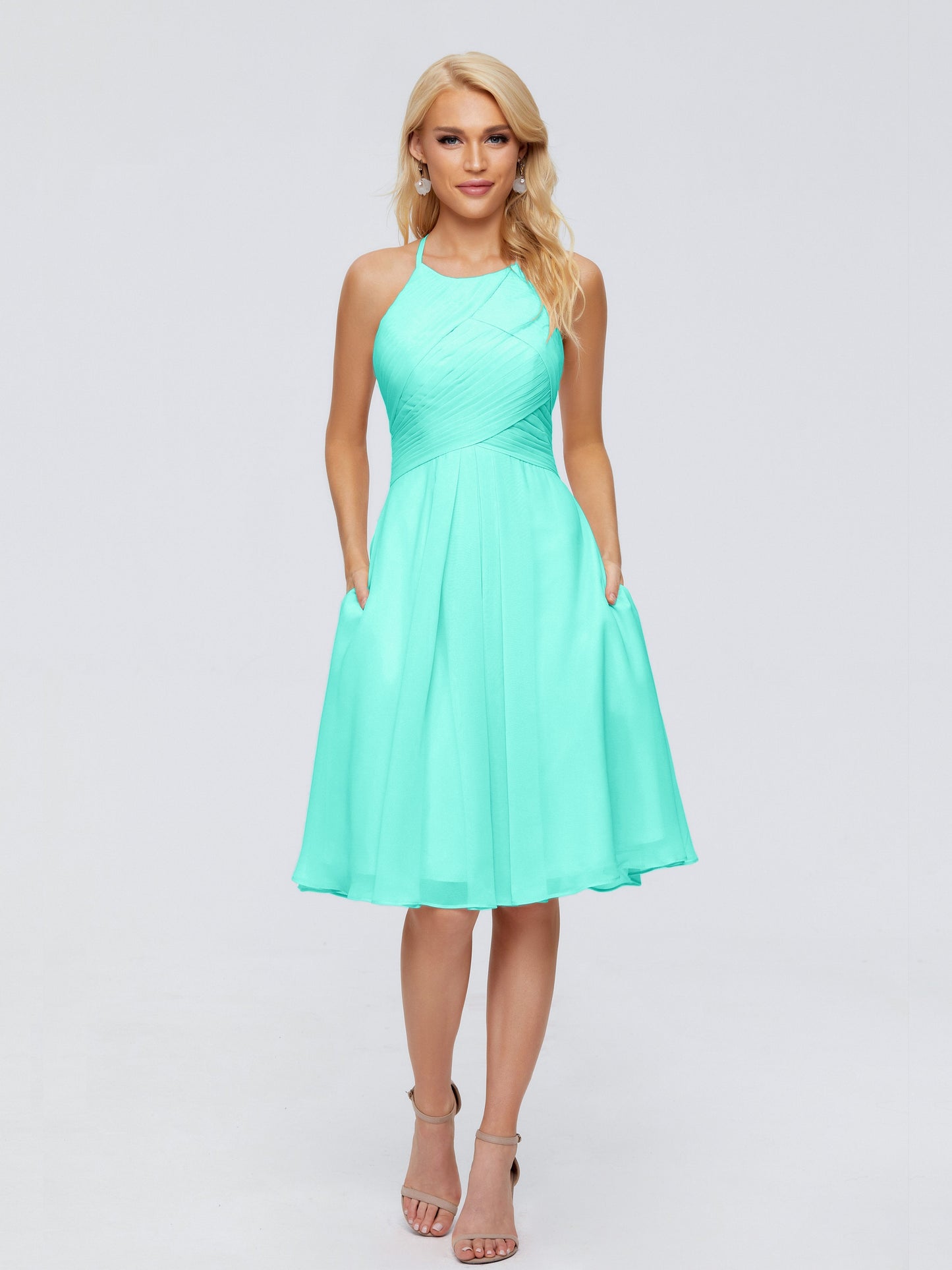 Molly Halter Knee Length Chiffon Bridesmaid Dresses With Pockets
