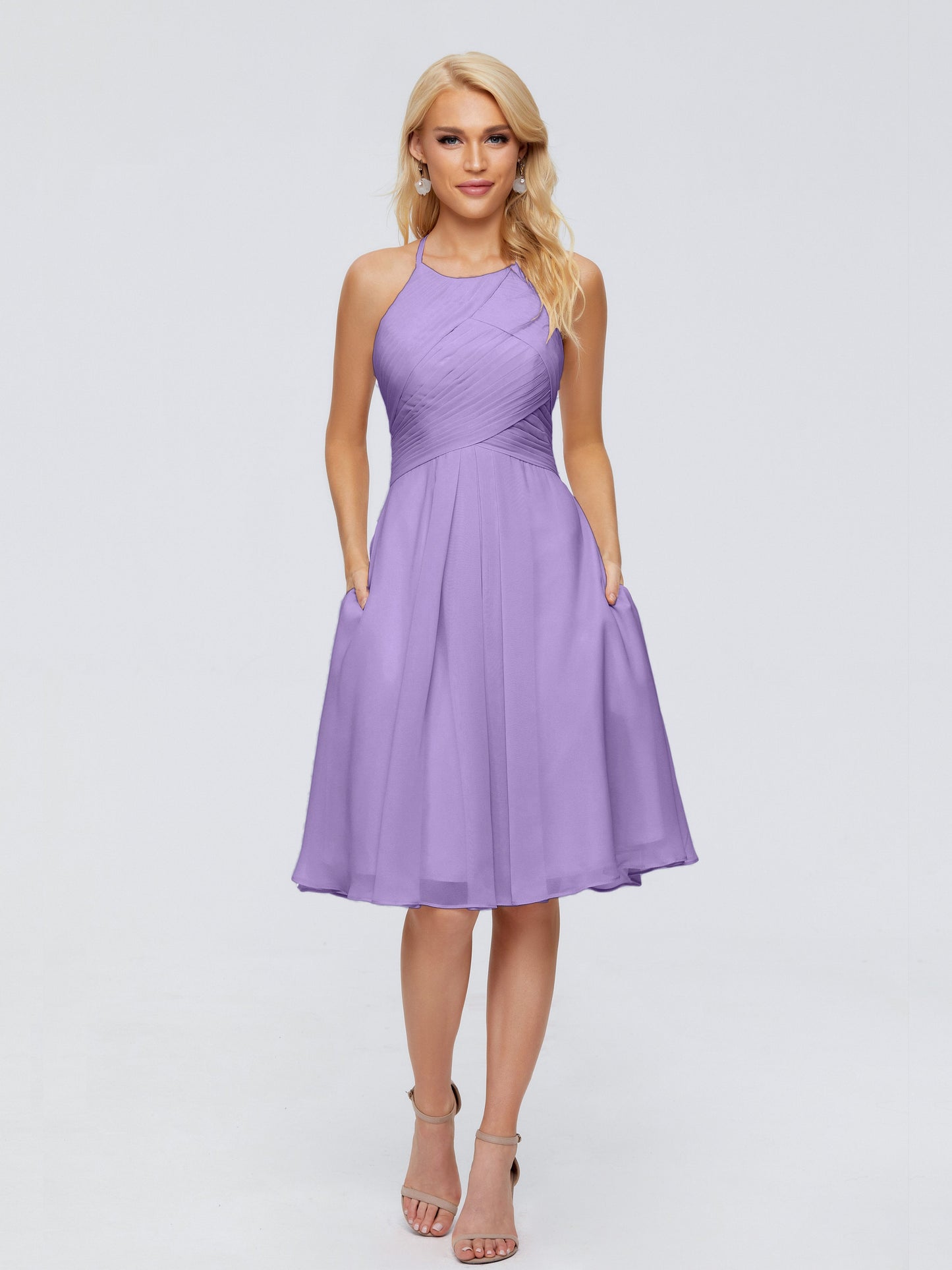 Molly Halter Knee Length Chiffon Bridesmaid Dresses With Pockets