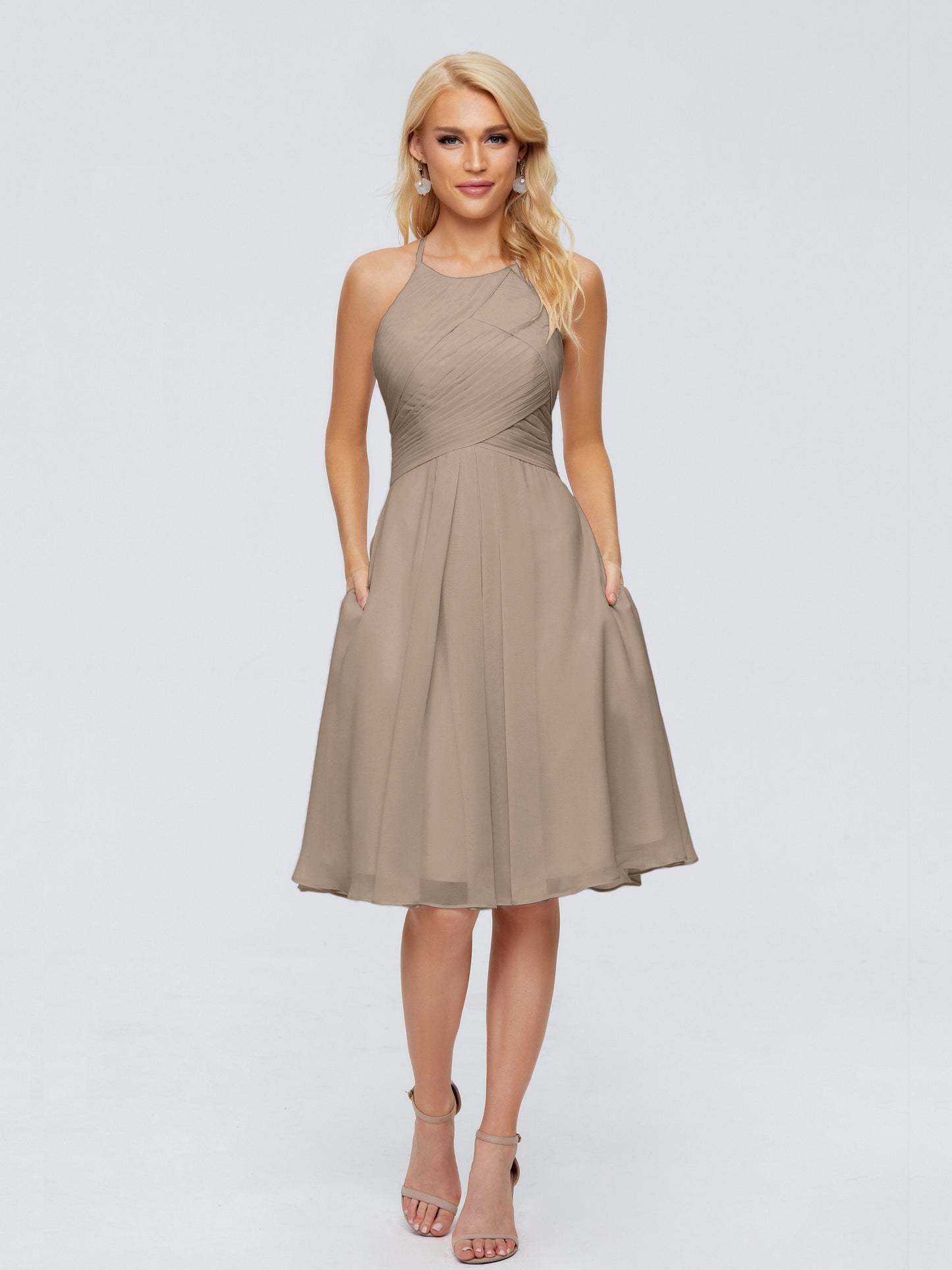 Molly Halter Knee Length Chiffon Bridesmaid Dresses With Pockets