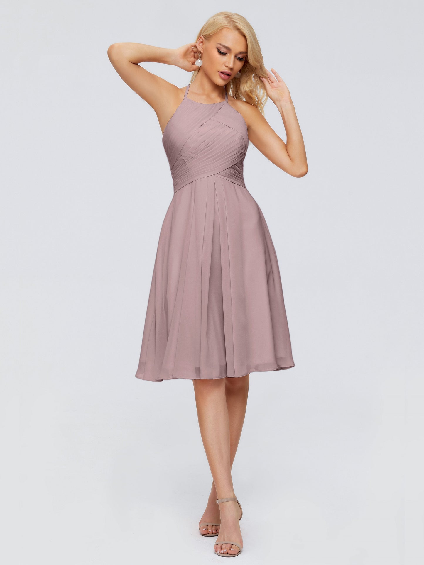 Molly Halter Knee Length Chiffon Bridesmaid Dresses With Pockets