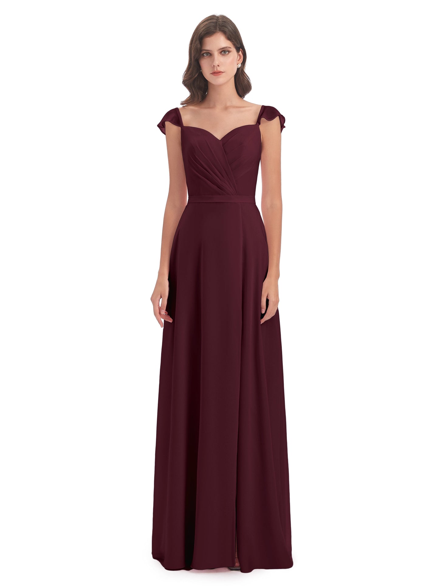 Mylah Sheath Cap Sleeves Split Chiffon Long Bridesmaid Dresses