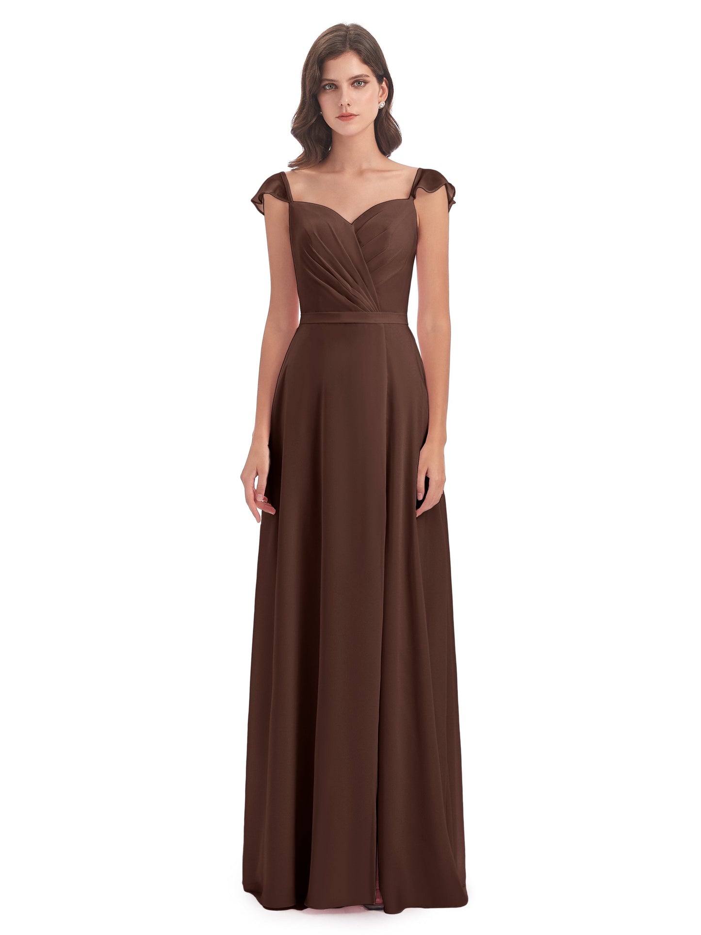 Mylah Sheath Cap Sleeves Split Chiffon Long Bridesmaid Dresses