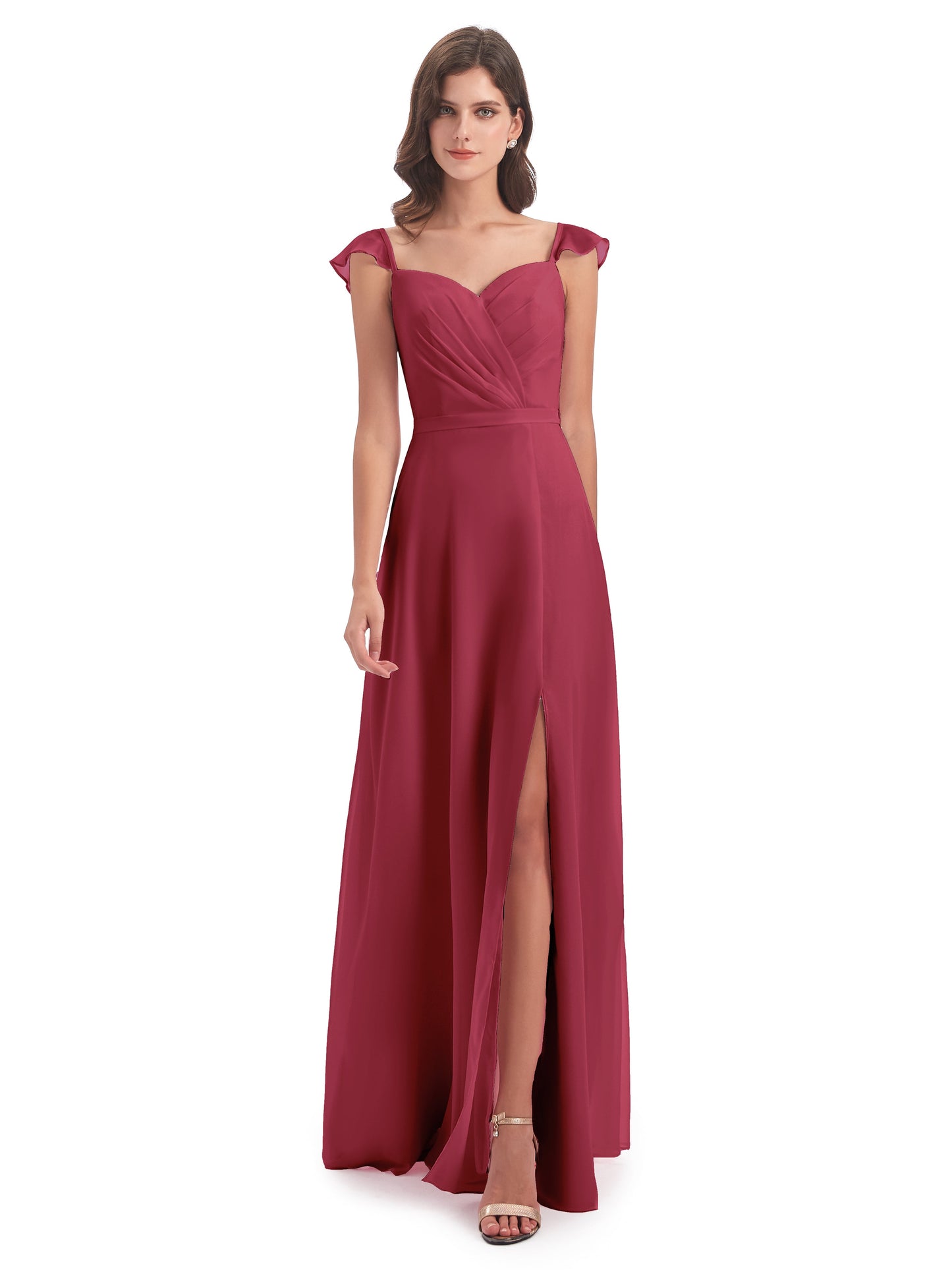 Mylah Sheath Cap Sleeves Split Chiffon Long Bridesmaid Dresses