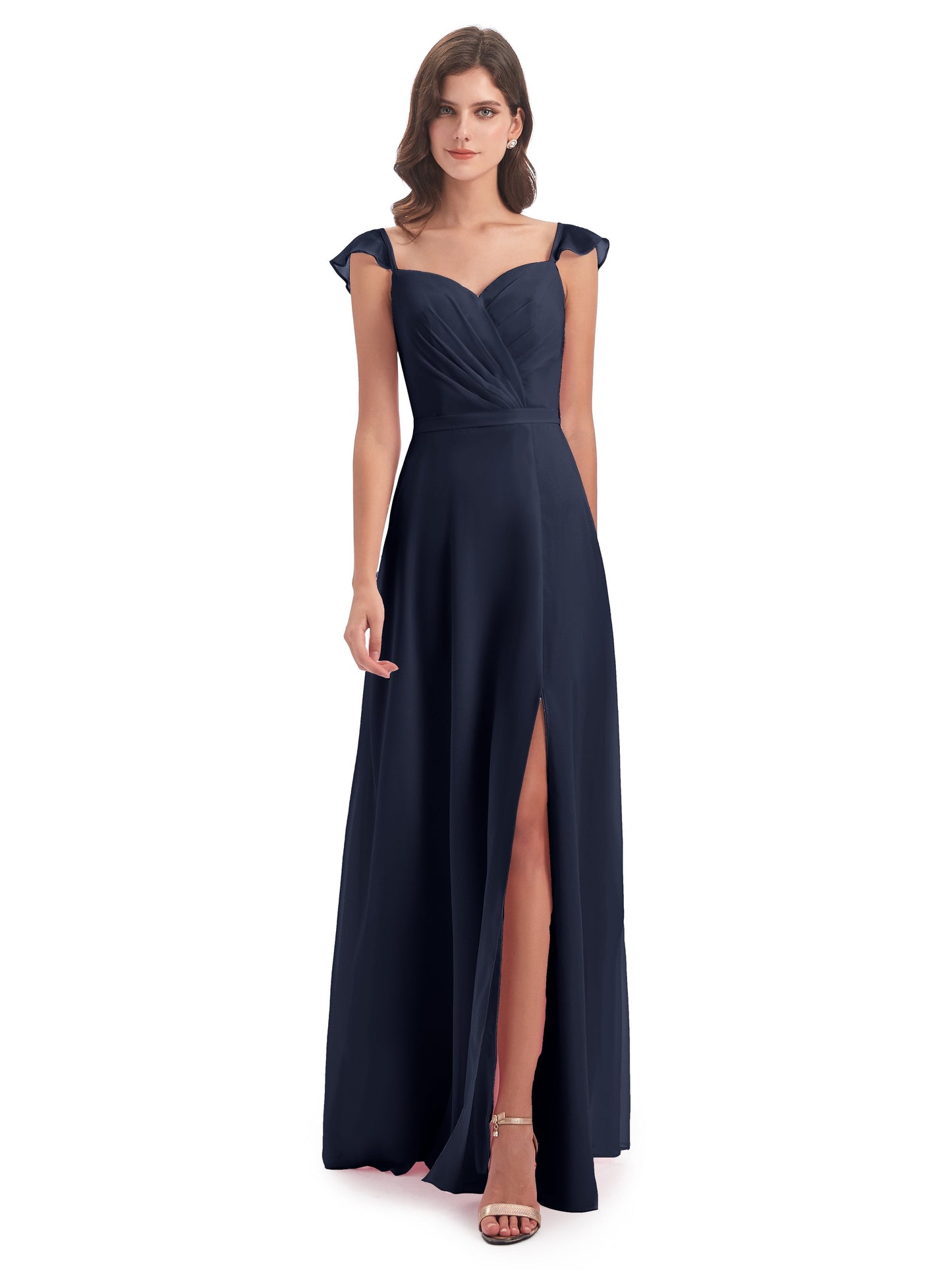 Mylah Sheath Cap Sleeves Split Chiffon Long Bridesmaid Dresses