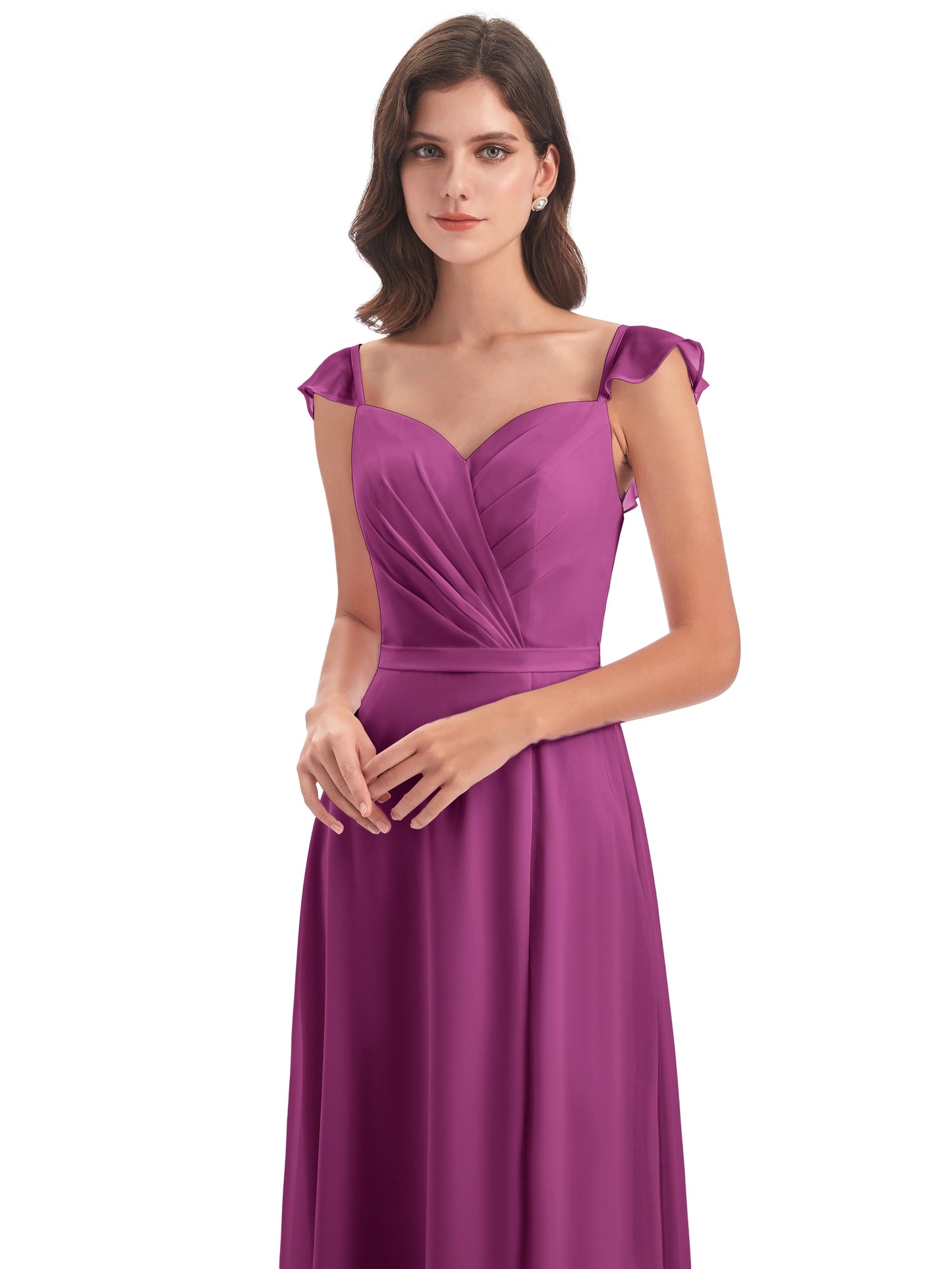 Mylah Sheath Cap Sleeves Split Chiffon Long Bridesmaid Dresses