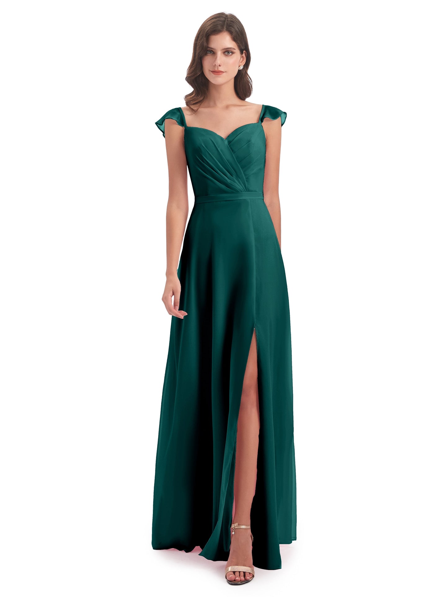Mylah Sheath Cap Sleeves Split Chiffon Long Bridesmaid Dresses