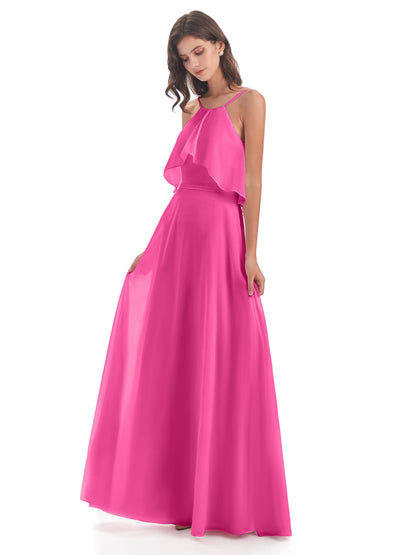 Paisley Halter Ruffles Chiffon Long Bridesmaid Dresses
