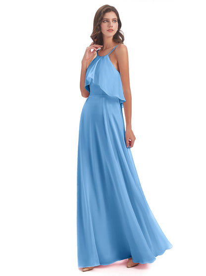 Paisley Halter Ruffles Chiffon Long Bridesmaid Dresses