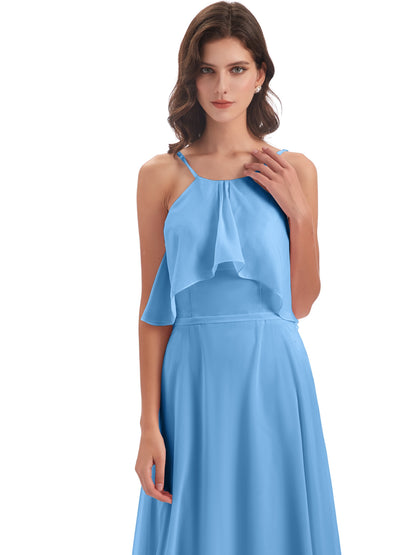Paisley Halter Ruffles Chiffon Long Bridesmaid Dresses