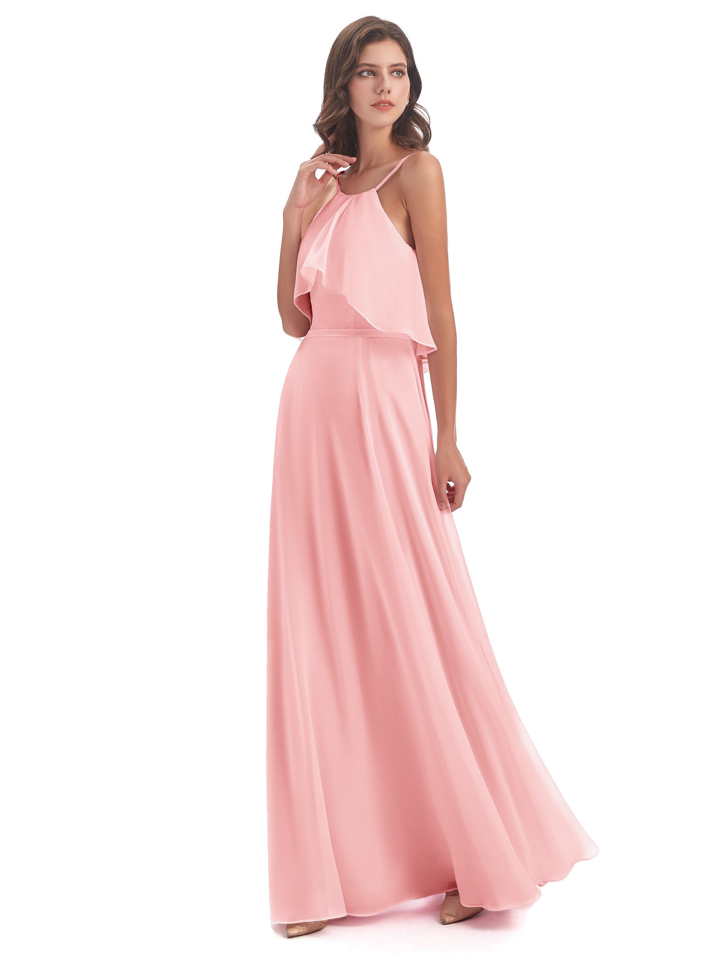 Paisley Halter Ruffles Chiffon Long Bridesmaid Dresses