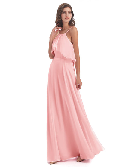 Paisley Halter Ruffles Chiffon Long Bridesmaid Dresses
