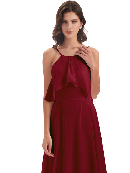 Paisley Halter Ruffles Chiffon Long Bridesmaid Dresses