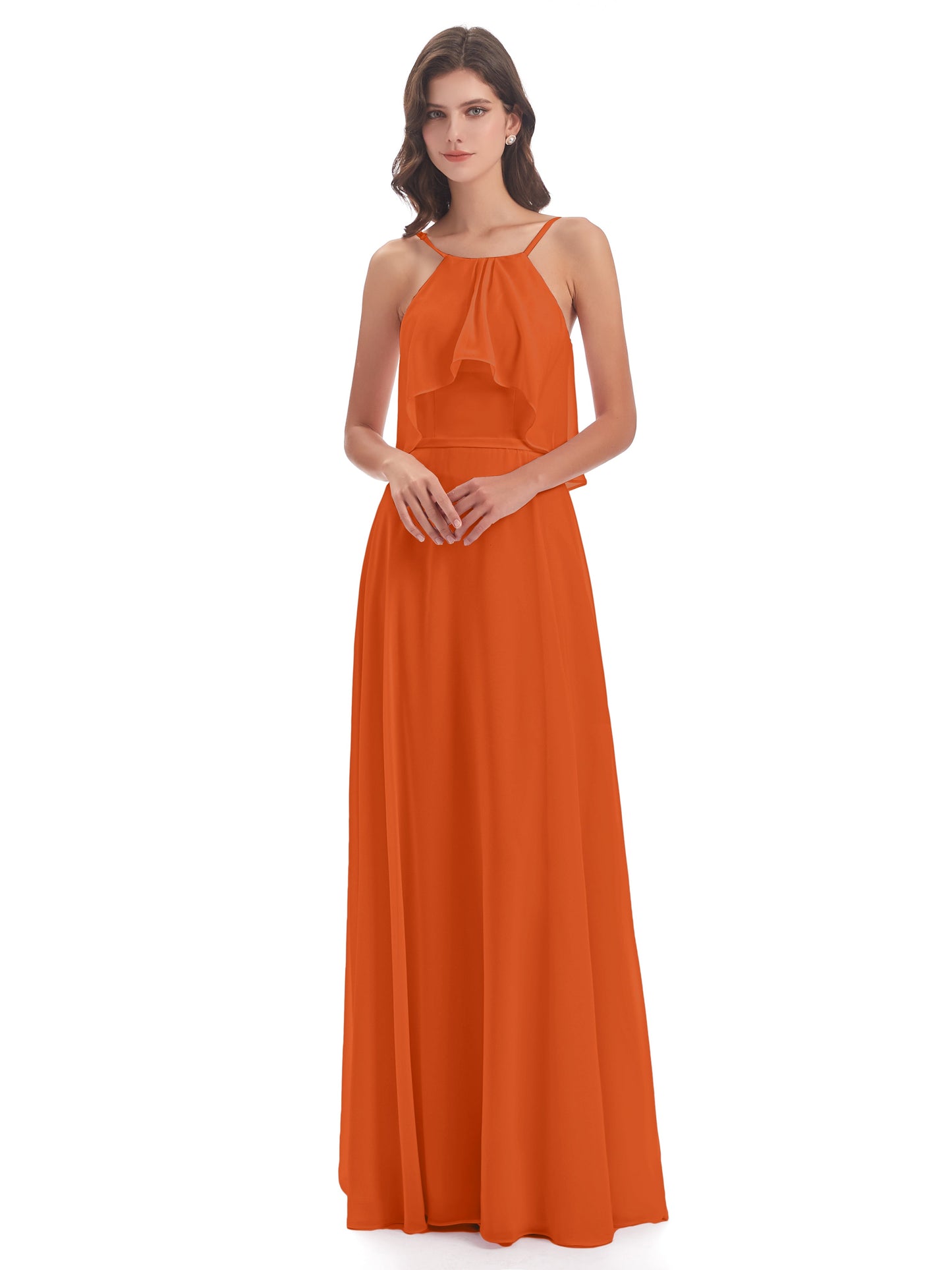Paisley Halter Ruffles Chiffon Long Bridesmaid Dresses