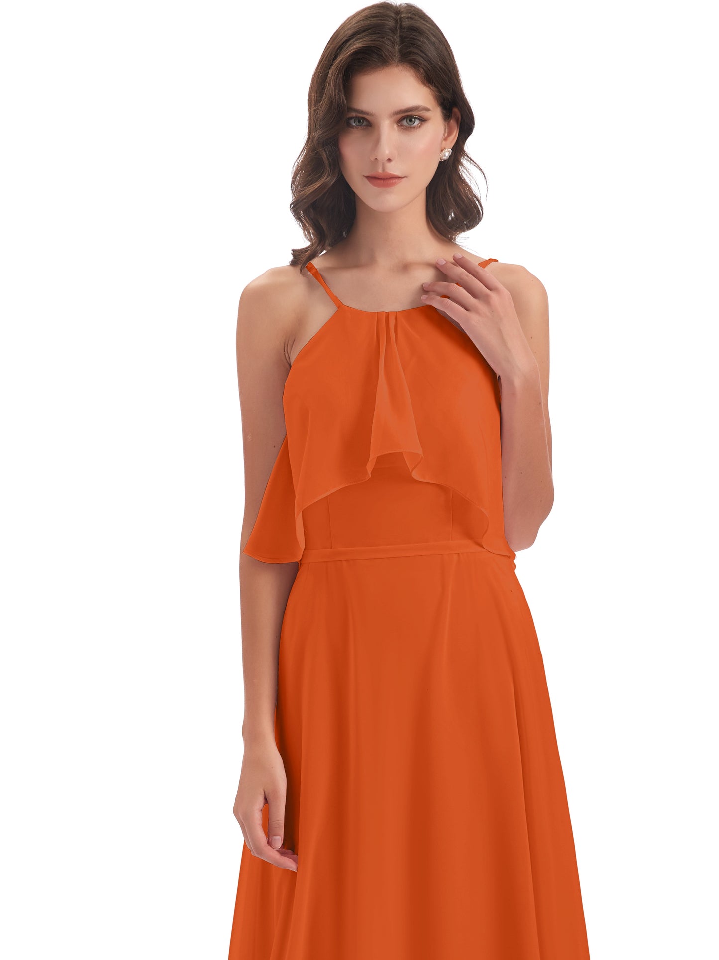 Paisley Halter Ruffles Chiffon Long Bridesmaid Dresses