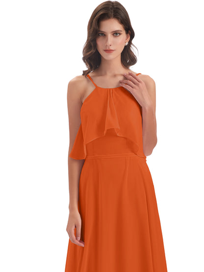 Paisley Halter Ruffles Chiffon Long Bridesmaid Dresses