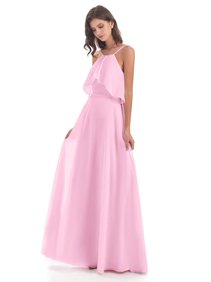Paisley Halter Ruffles Chiffon Long Bridesmaid Dresses