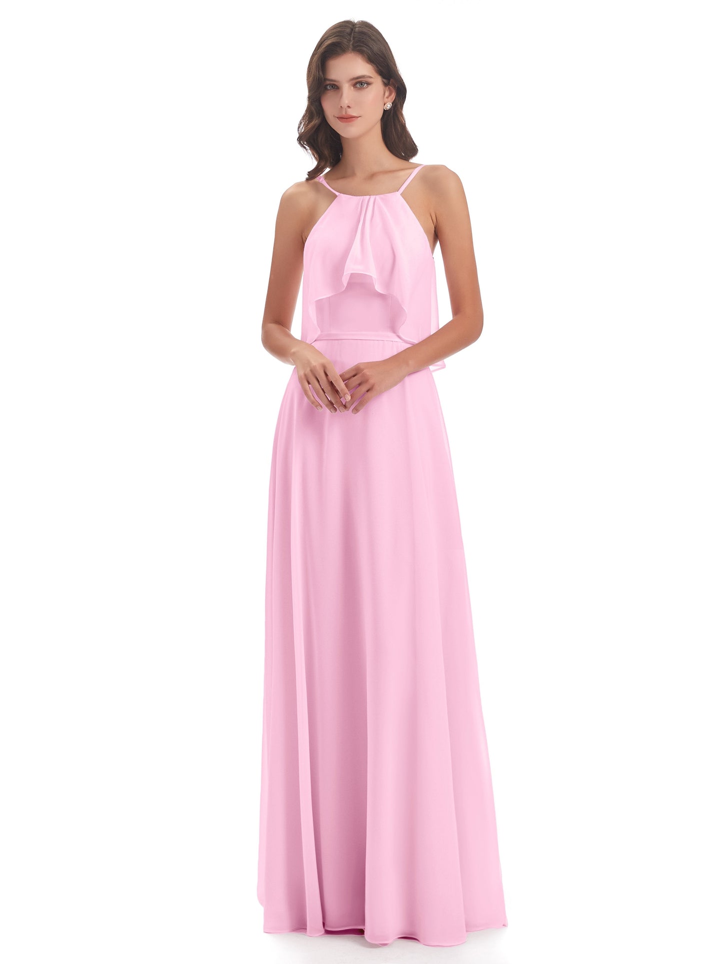 Paisley Halter Ruffles Chiffon Long Bridesmaid Dresses