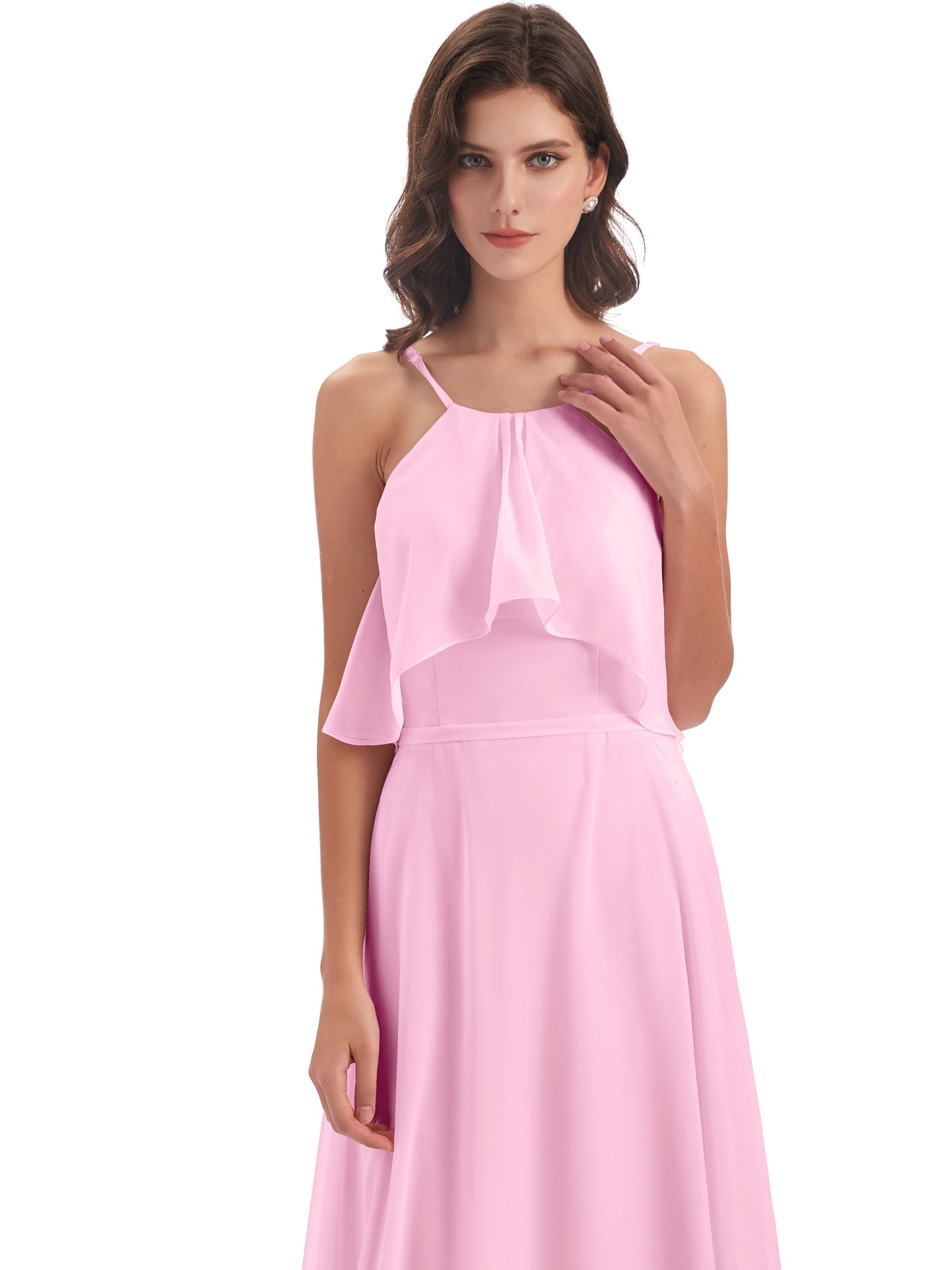 Paisley Halter Ruffles Chiffon Long Bridesmaid Dresses