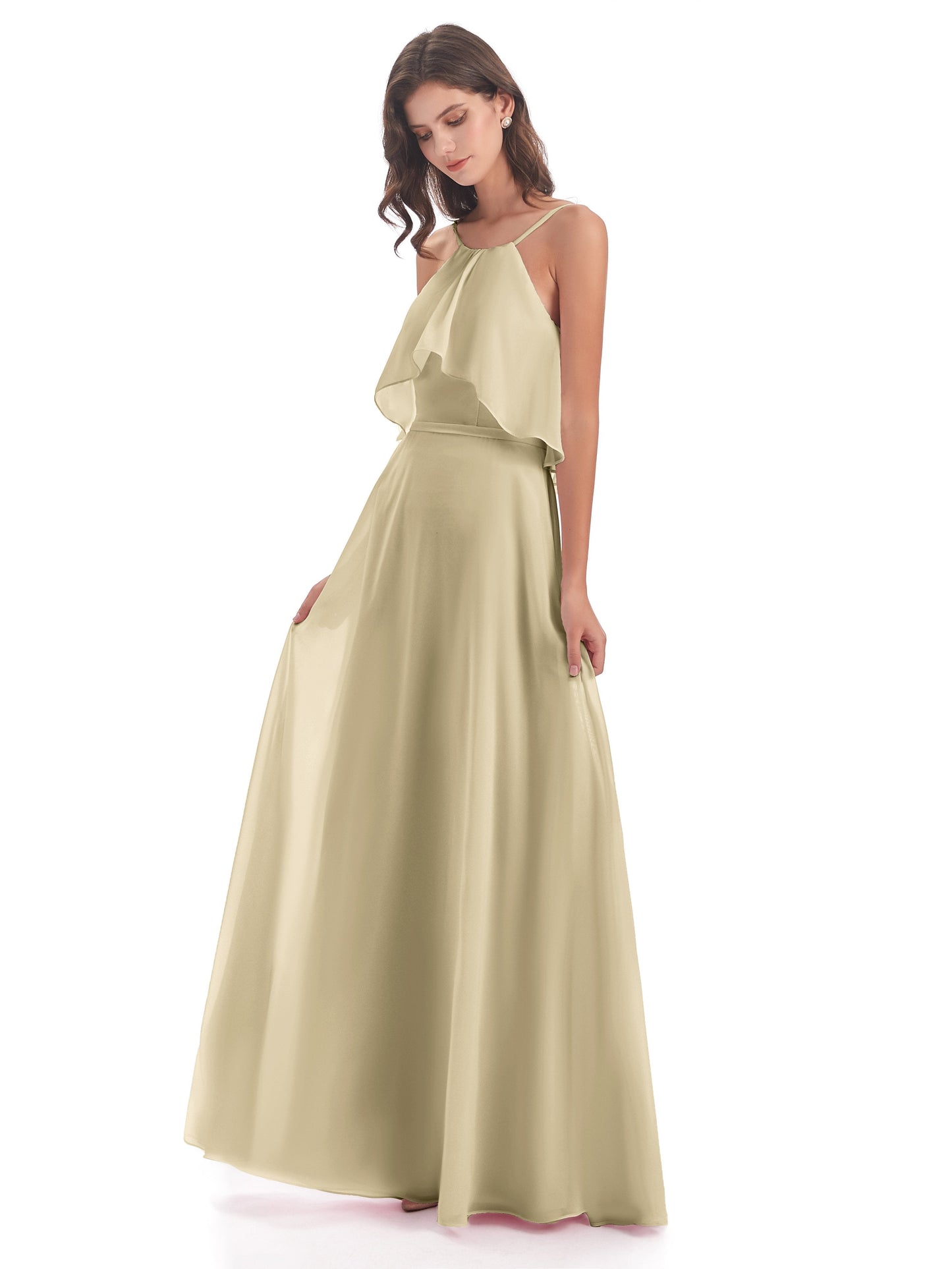 Paisley Halter Ruffles Chiffon Long Bridesmaid Dresses