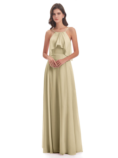 Paisley Halter Ruffles Chiffon Long Bridesmaid Dresses
