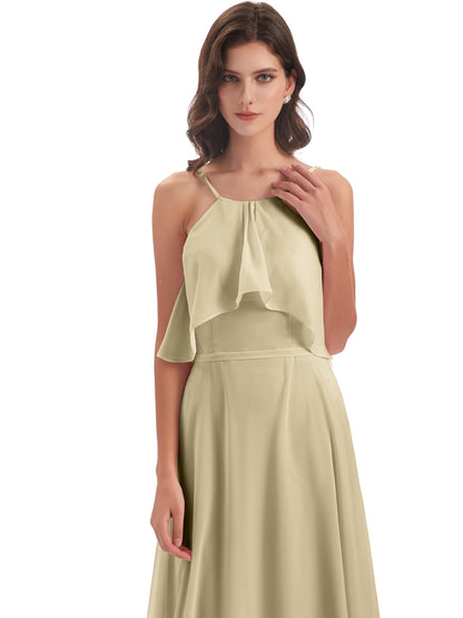 Paisley Halter Ruffles Chiffon Long Bridesmaid Dresses