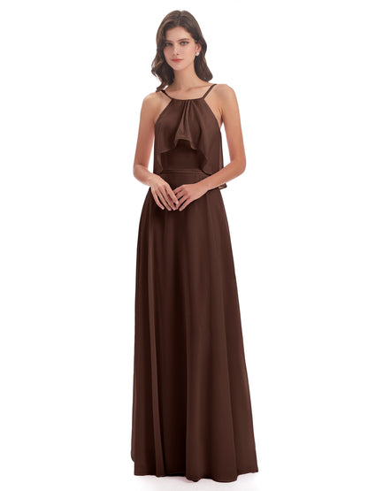Paisley Halter Ruffles Chiffon Long Bridesmaid Dresses