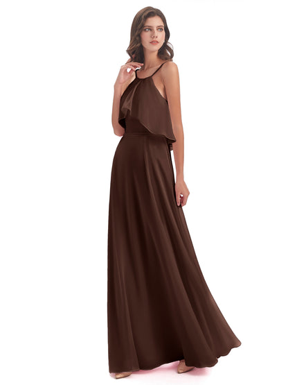 Paisley Halter Ruffles Chiffon Long Bridesmaid Dresses