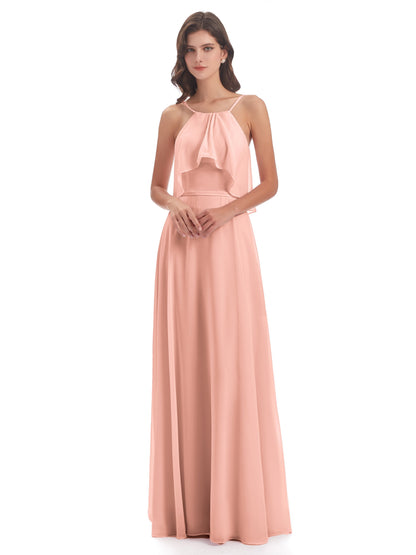 Paisley Halter Ruffles Chiffon Long Bridesmaid Dresses