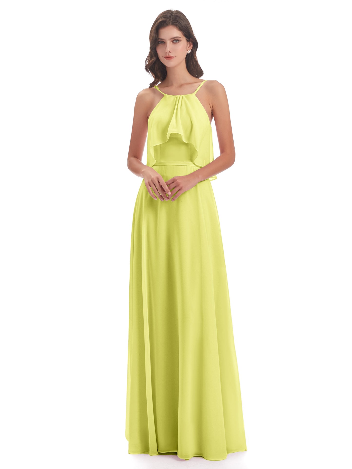 Paisley Halter Ruffles Chiffon Long Bridesmaid Dresses