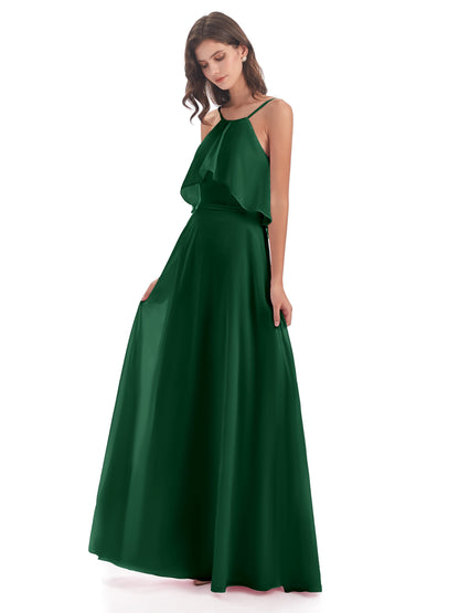 Paisley Halter Ruffles Chiffon Long Bridesmaid Dresses
