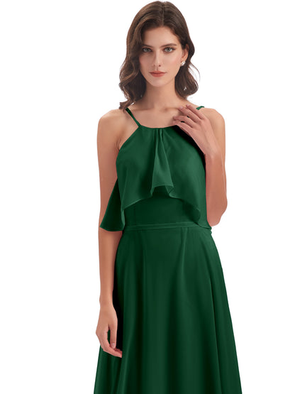 Paisley Halter Ruffles Chiffon Long Bridesmaid Dresses