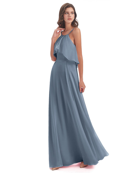 Paisley Halter Ruffles Chiffon Long Bridesmaid Dresses