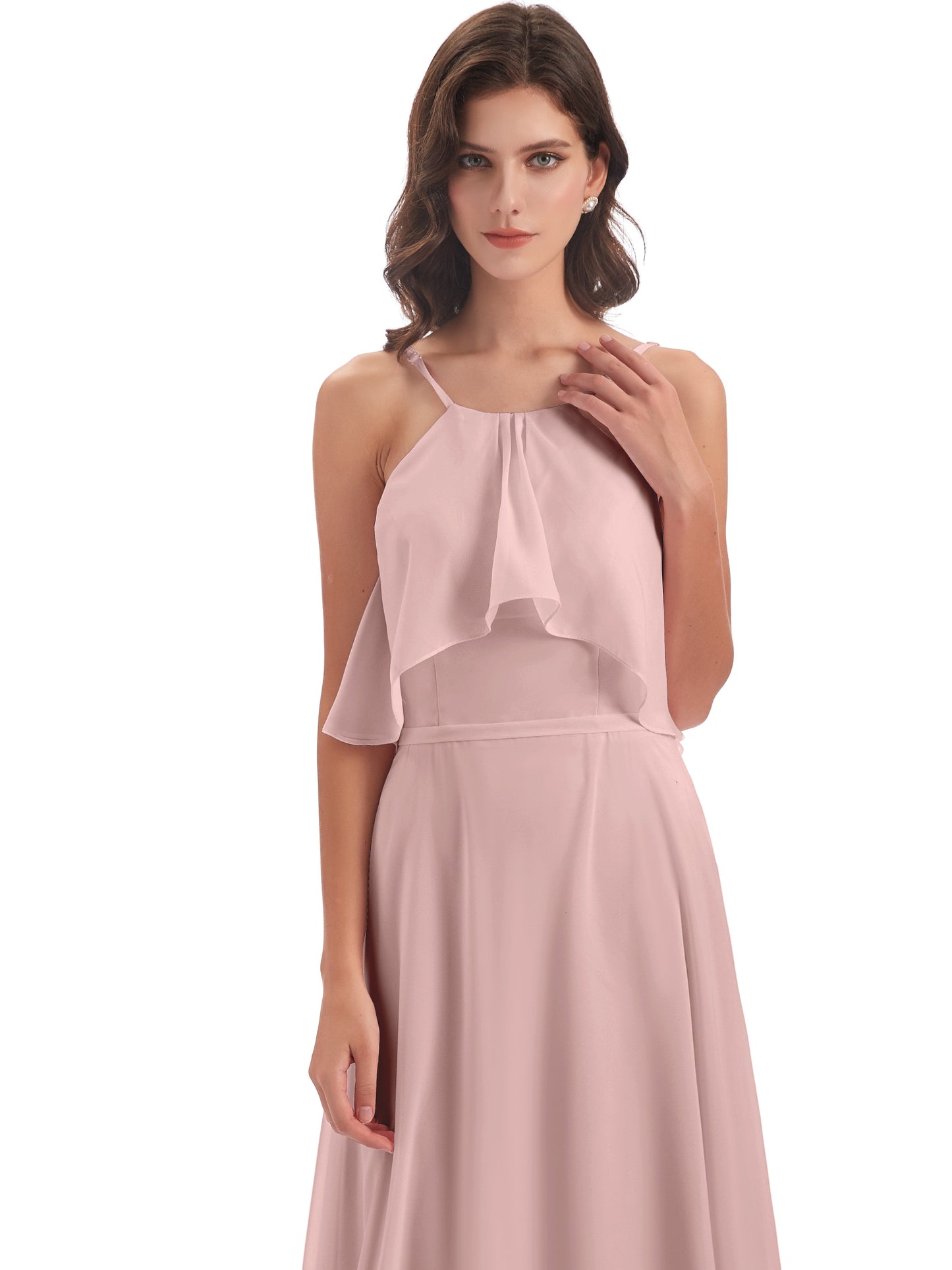 Paisley Halter Ruffles Chiffon Long Bridesmaid Dresses
