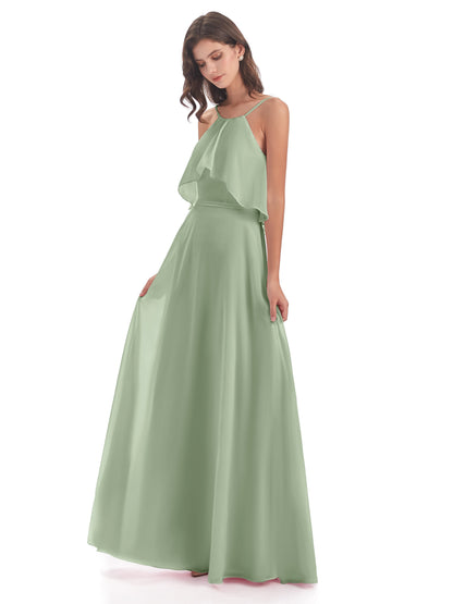 Paisley Halter Ruffles Chiffon Long Bridesmaid Dresses