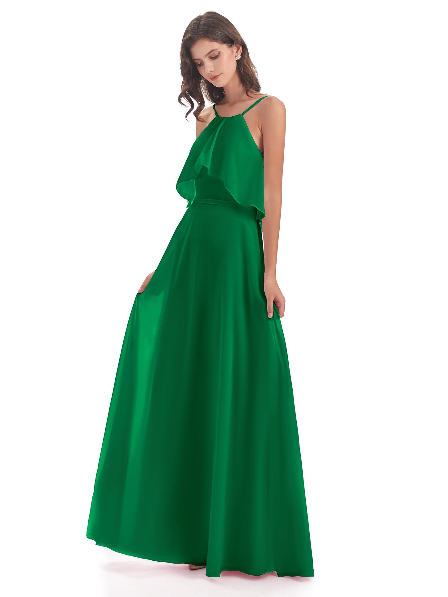 Paisley Halter Ruffles Chiffon Long Bridesmaid Dresses