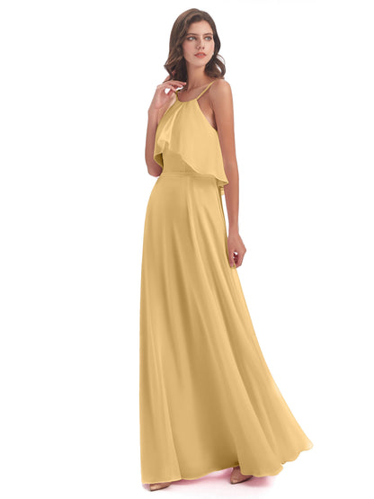 Paisley Halter Ruffles Chiffon Long Bridesmaid Dresses