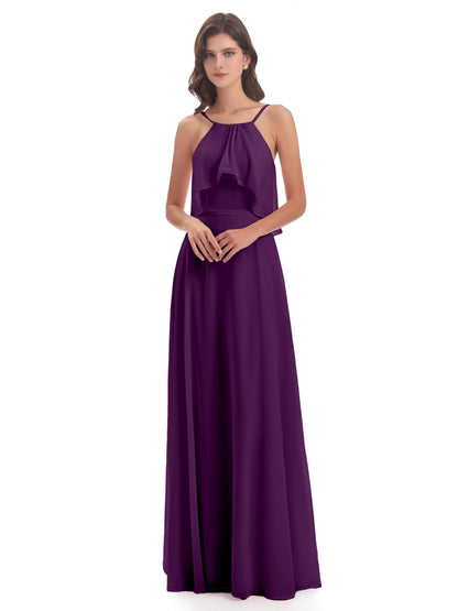 Paisley Halter Ruffles Chiffon Long Bridesmaid Dresses