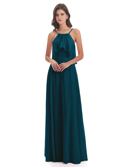 Paisley Halter Ruffles Chiffon Long Bridesmaid Dresses