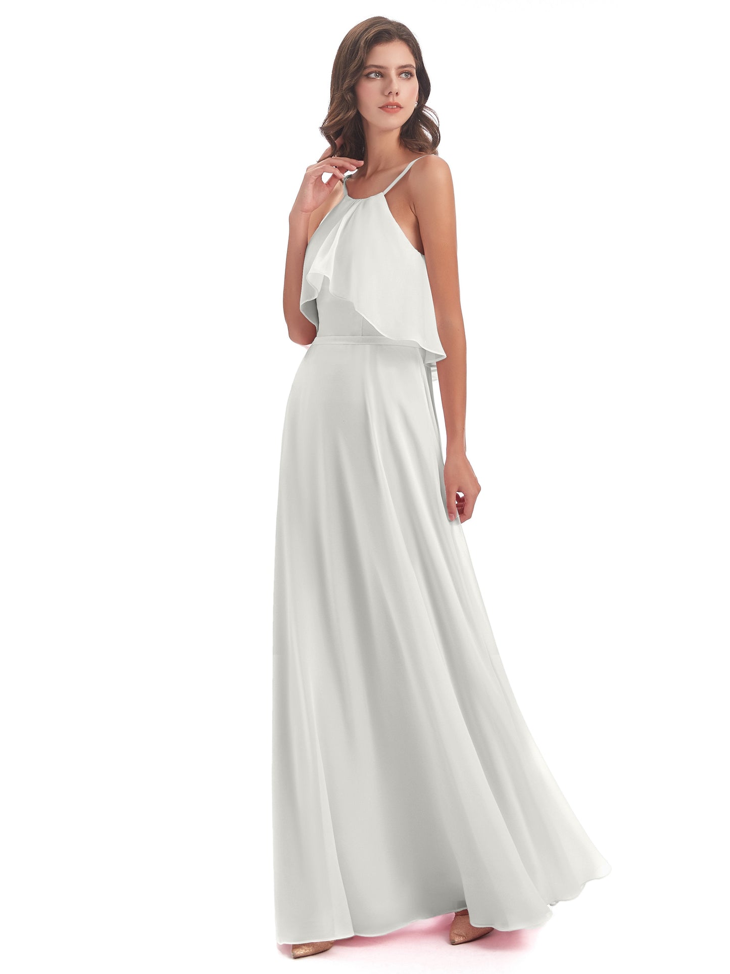 Paisley Halter Ruffles Chiffon Long Bridesmaid Dresses