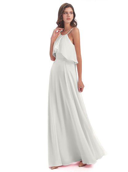 Paisley Halter Ruffles Chiffon Long Bridesmaid Dresses