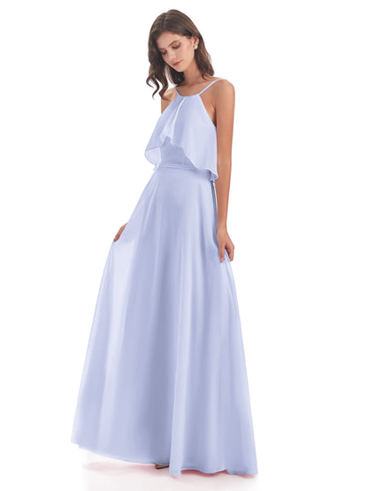 Paisley Halter Ruffles Chiffon Long Bridesmaid Dresses