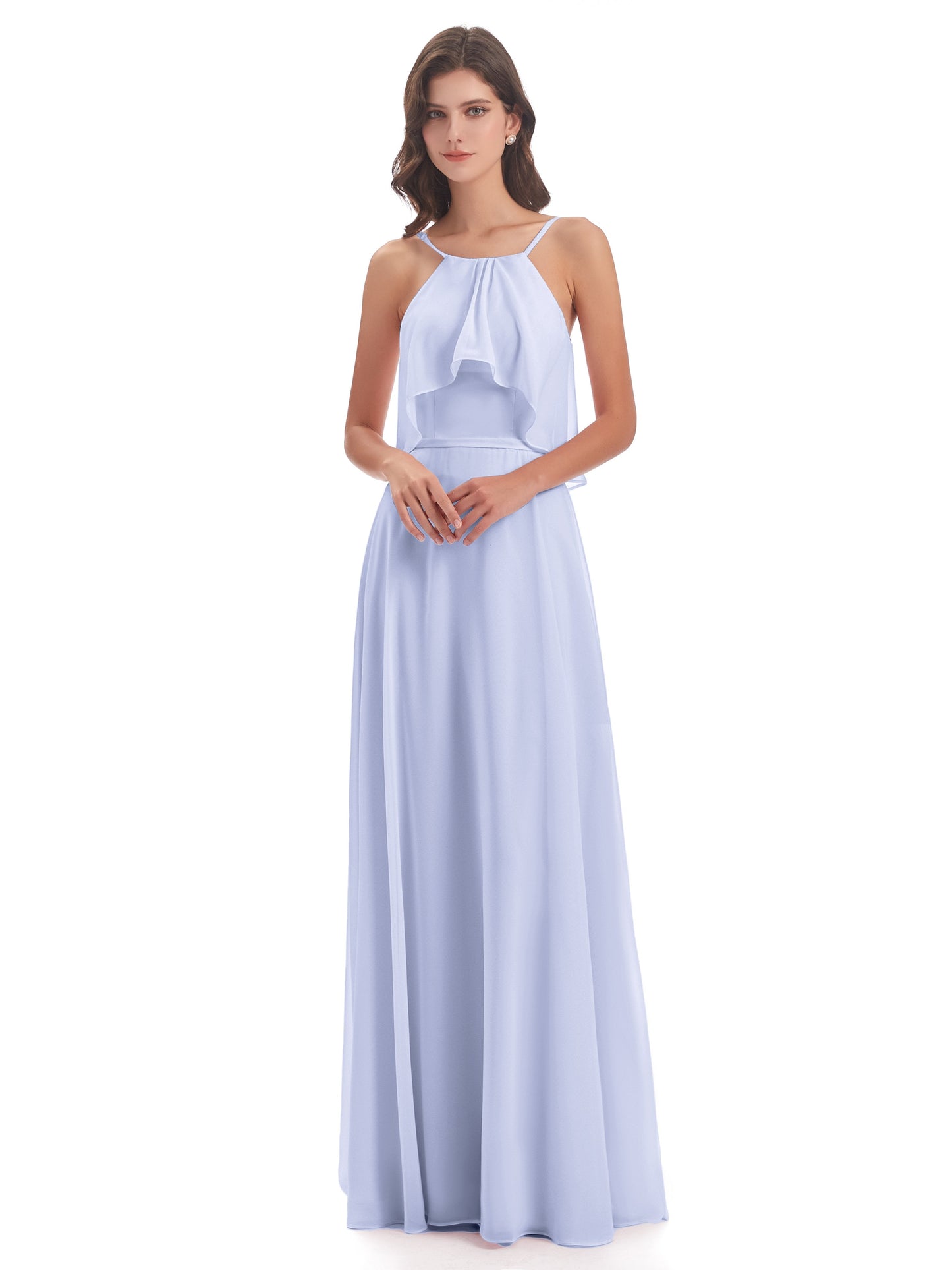 Paisley Halter Ruffles Chiffon Long Bridesmaid Dresses