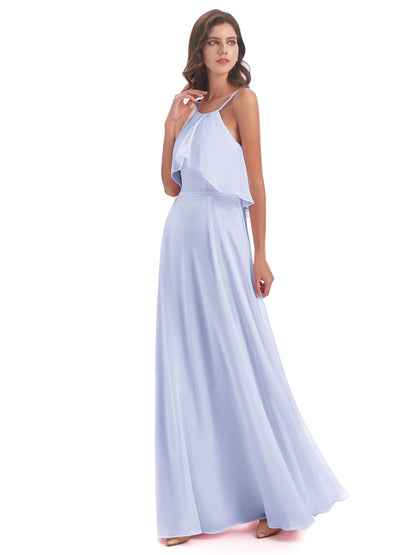 Paisley Halter Ruffles Chiffon Long Bridesmaid Dresses