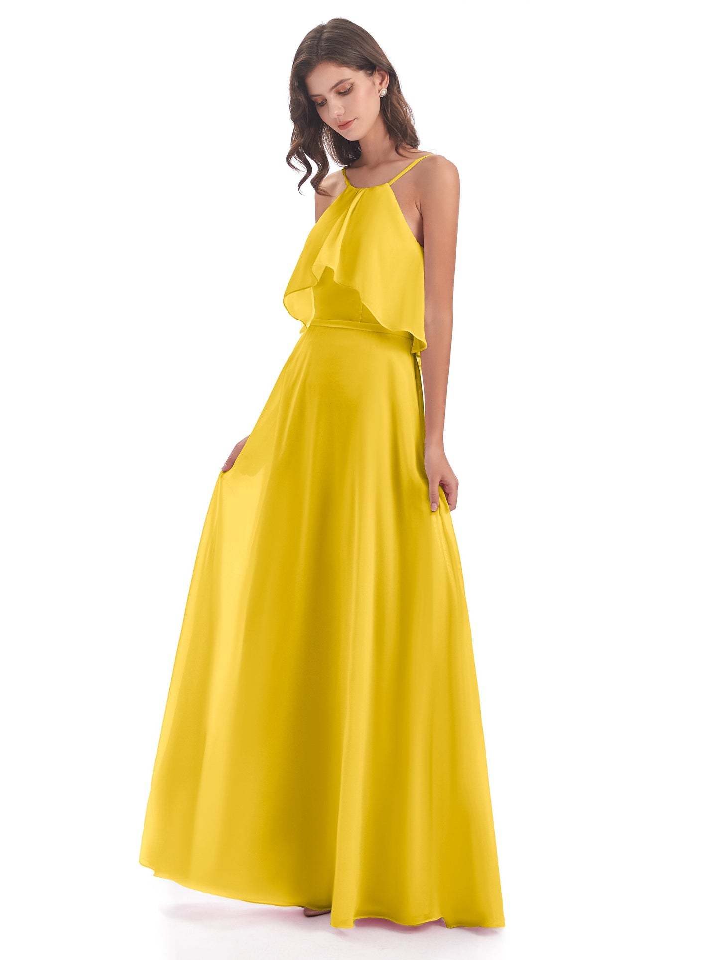 Paisley Halter Ruffles Chiffon Long Bridesmaid Dresses