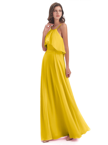 Paisley Halter Ruffles Chiffon Long Bridesmaid Dresses