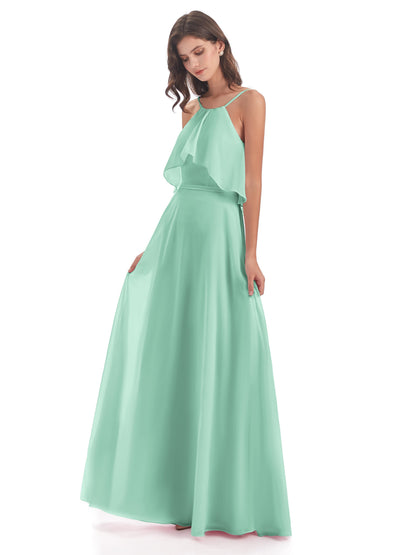 Paisley Halter Ruffles Chiffon Long Bridesmaid Dresses